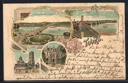 Lithographie Tours, Hôtel Gouin, Le Pont de Pierre, La Tour Charlemagne