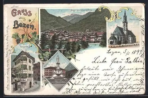 Lithographie Bozen, Batzenhäusl, Walter v. d. Vogelweide, Pfarrkirche