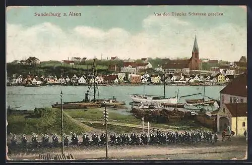AK Sonderburg, Ortsansicht & Fluss mit Schiffen