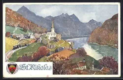 Künstler-AK Deutscher Schulverein Nr. 285: St. Nikola an der Donau, Ortspartie mit Kirche