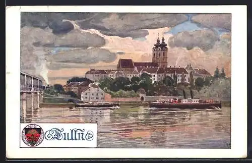 Künstler-AK Tulln, Ortspartie am Flussufer, Deutscher Schulverein