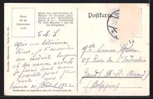 Künstler-AK Tulln, Ortspartie am Flussufer, Deutscher Schulverein