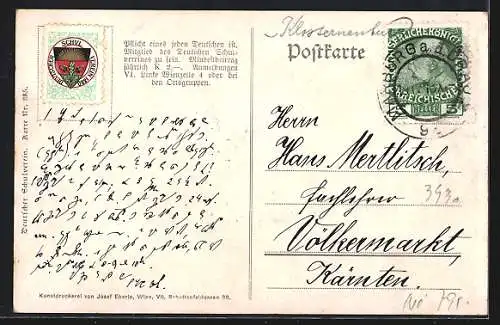 Künstler-AK Tulln, Ortspartie am Flussufer, Deutscher Schulverein