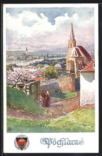 AK Deutscher Schulverein Nr. 288: Pöchlarn, Kirche im Ortsbild in der Frühlingssonne