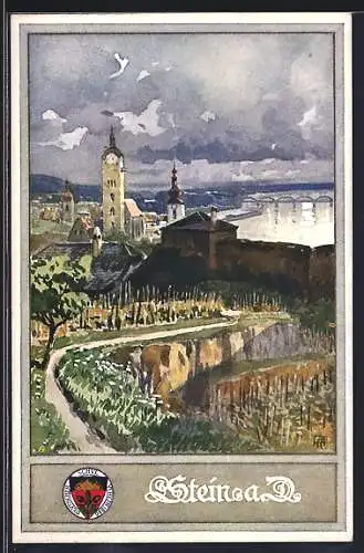 AK Deutscher Schulverein NR: 177, Stein an der Donau, Ortsasicht mit Kirchen und Donaubrücke