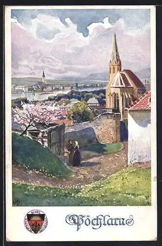 AK Deutscher Schulverein Nr. 288: Pöchlarn, Kirche im Ortsbild in der Frühlingssonne