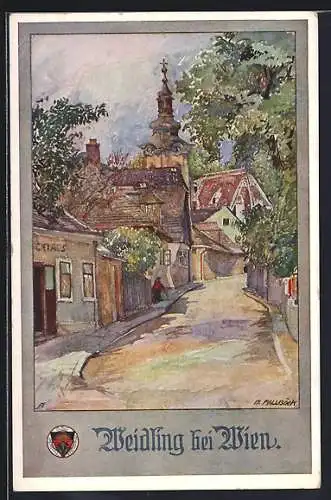 Künstler-AK Weidling, Ortsansicht mit Blick zur Kirche, Deutscher Schulverein