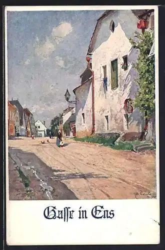 Künstler-AK Deutscher Schulverein Nr. 821: Enns, Strasse Gasse und Frau mit Kind