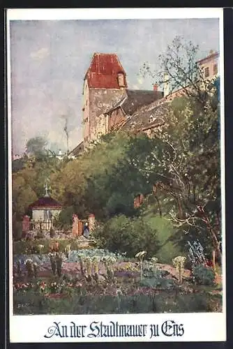 Künstler-AK Enns, An der Stadtmauer, Deutscher Schulverein