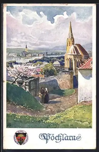 AK Deutscher Schulverein Nr. 288: Pöchlarn, Kirche im Ortsbild in der Frühlingssonne