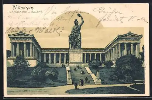 Lithographie München, Ruhmeshalle und Bavaria um 1900