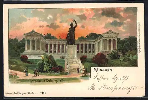 Künstler-Lithographie sign. Heinisch: München, Bavaria mit Ruhmeshalle