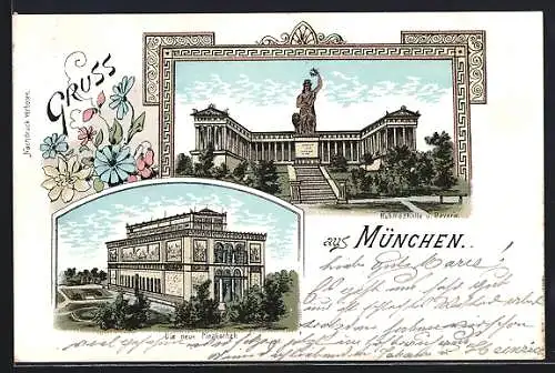 Lithographie München, Ruhmeshalle und Bavaria, Die neue Pinakothek