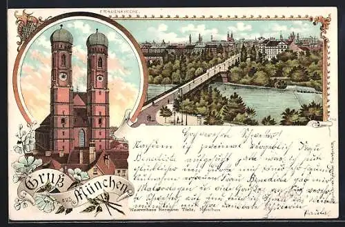 Lithographie München, Frauenkirche und Strassenpartie im Schmuckrahmen