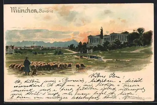 Lithographie München, Schäfer mit seiner Herde und Blick auf die Bavaria