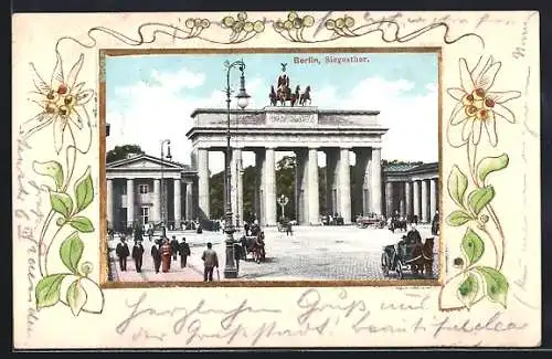 Lithographie Berlin, Brandenburger Tor im floralen Passepartout