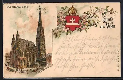 Lithographie Wien, St. Stefanskirche und Wappen