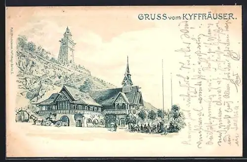 Lithographie Kyffhäuser / Kaiser Wilhelm Denkmal, Gebäudeansicht
