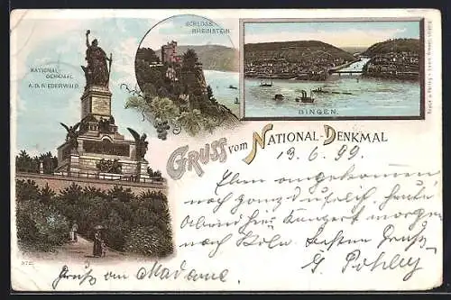 Lithographie Bingen / Rhein, National-Denkmal a.d. Niederwald, Schloss Rheinstein, Ortsansicht