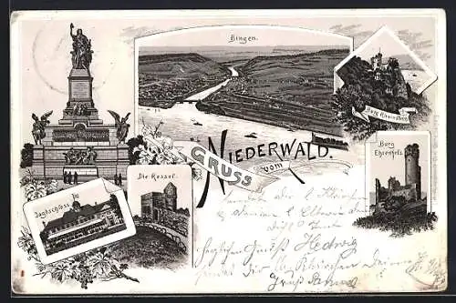 Lithographie Bingen, Niederwalddenkmal, Jagdschloss, Die Rossel, Burg Ehrenfels