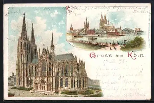 Lithographie Köln, Der Kölner Dom aus der Nähe und der Ferne