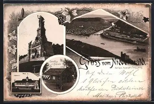 Lithographie Niederwald / Rhein, Eremitage Niederwald, Denkmal, Jagdschloss, Gesamtansicht am Fluss