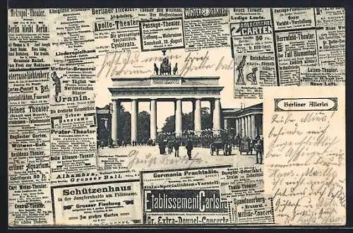 AK Berlin, Parade am Brandenburger Tor, Passepartout aus Zeitungsschnipseln