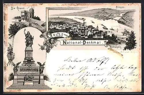 Lithographie Niederwald, National-Denkmal, Die Rossel, Panorama