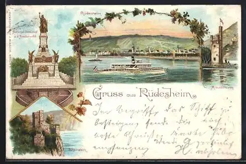 Lithographie Rüdesheim / Rhein, Panorama mit Dampfer, Burg Rheinstein