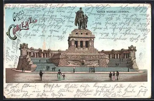 Lithographie Koblenz, Kaiser Wilhelm I.-Denkmal