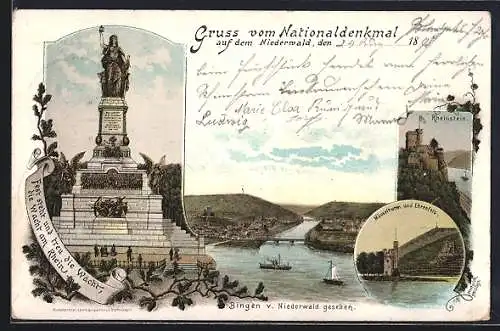 Lithographie Niederwald / Rüdesheim, Blick auf Bingen, Mäusethurm und Ehrenfels, Rheinstein u. Nationaldenkmal