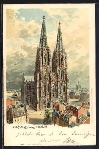 Lithographie Köln, Dom bei Gewitterstimmung