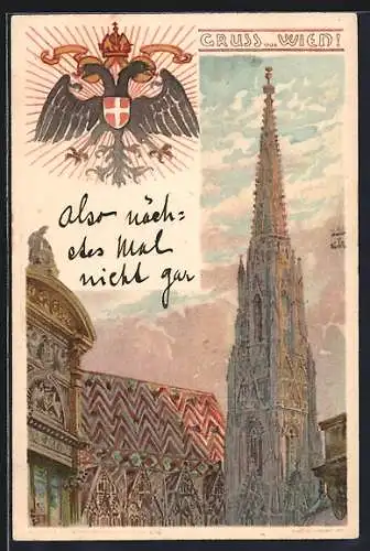 Lithographie Wien, Der Stefansdom, Turm und Detail vom Dach