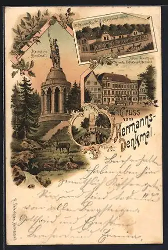 Lithographie Detmold, Hermanns-Denkmal, Bismarck-Stein, Hotel Frankfurt, C. Reinecker Gasthof