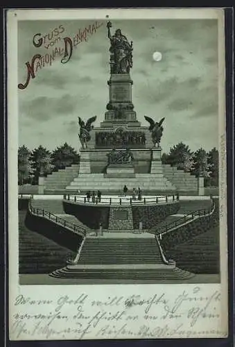 Mondschein-Lithographie Das National-Denkmal auf dem Niederwald