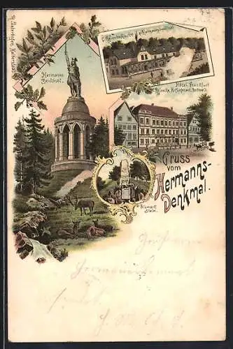 Lithographie Detmold, Hermanns-Denkmal, Bismarck-Stein, Hotel Frankfurt, C. Reinecker Gasthof