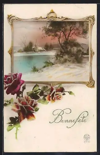 Foto-AK A. Noyer Nr. 3710: Winterliche Landschaft mit Rosen, Geburtstagsgruss