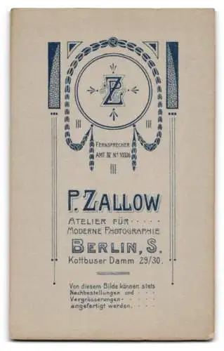 Fotografie P. Zallow, Berlin, Kottbusser Damm 29 /30, Porträt eines Jungen