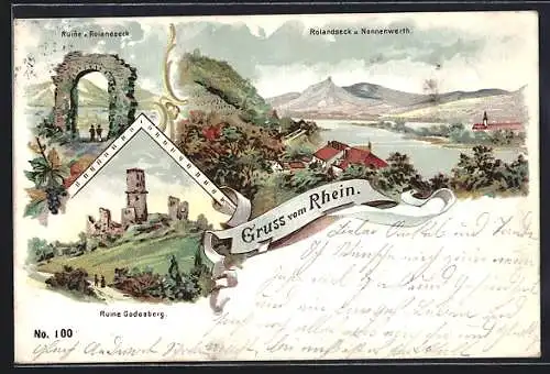 Lithographie Rolandseck, Ruine Godesberg, Ruine z. Rolandseck, Blick zum Ort u. Nonnenwerth