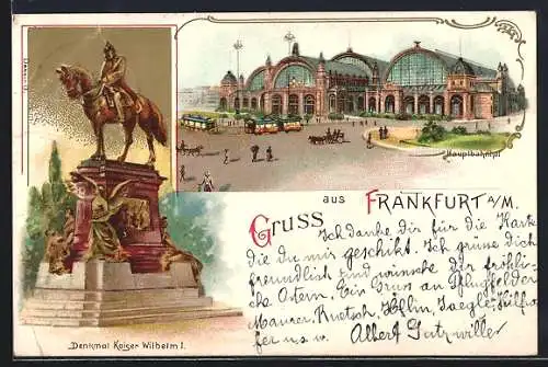 Lithographie Frankfurt, Hauptbahnhof und Kaiser Wilhelm I. Denkmal