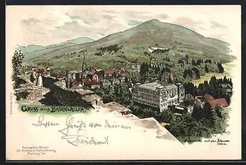 Lithographie Badenweiler, Ortschaft von oben um 1900