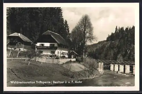 AK Passau, Gasthaus Triftsperre mit Flussbrücke