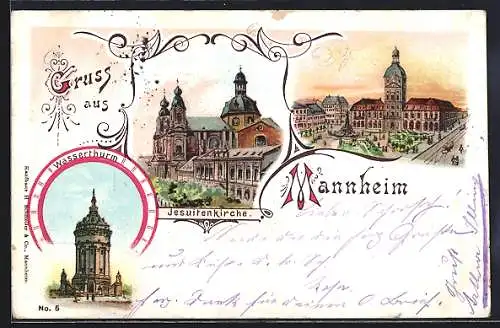 Lithographie Mannheim, Jesuitenkirche, Wasserthurm, Strassenbahn