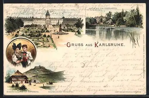 Lithographie Karlsruhe, Residenzschloss, Stadtgarten, Schwarzwaldhaus