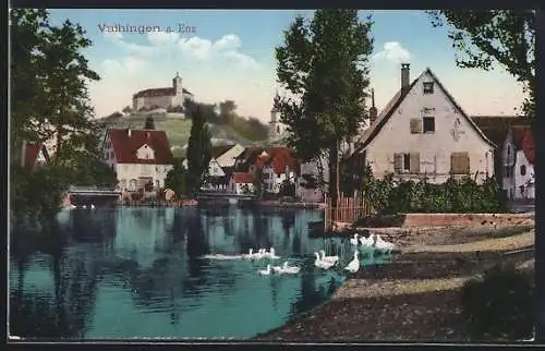 AK Vaihingen / Enz, Uferpartie mit Blick zum Schloss Kaltenstein