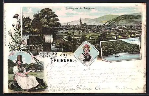 Lithographie Freiburg / Breisgau, Waldsee, Totalansicht vom Lorettoberg, Frau in Schwarzwaldtracht