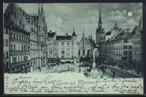 Mondschein-AK München, Marienplatz mit Geschäften und Denkmal