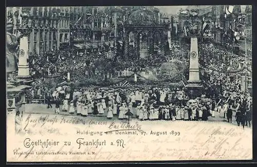 AK Frankfurt a. M., Goethefeier 1899, Huldigung am Denkmal