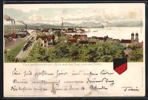 Lithographie Friedrichshafen, Blick über die Stadt auf den See und die Alpen