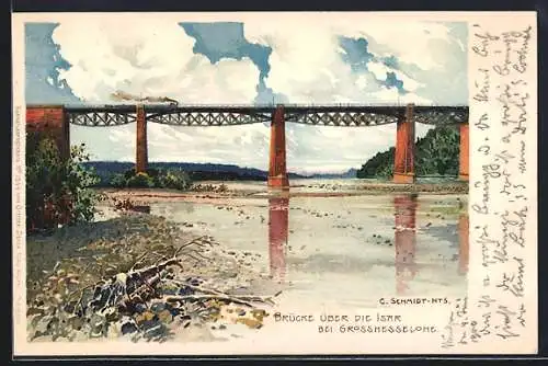 Künstler-Lithographie Grosshesselohe, Brücke über die Isar